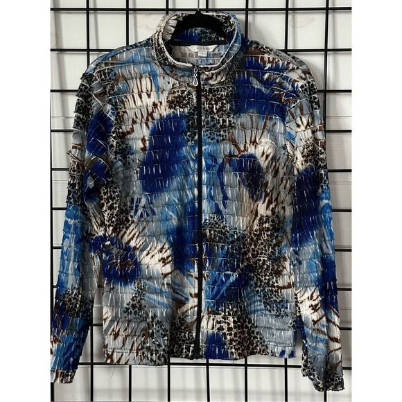 ERIN‎ LONDON M MEDIUM BLUE WHITE LAYERED ZIP SHIRT JACKET RUFFLE DETAIL - Picture 1 of 10